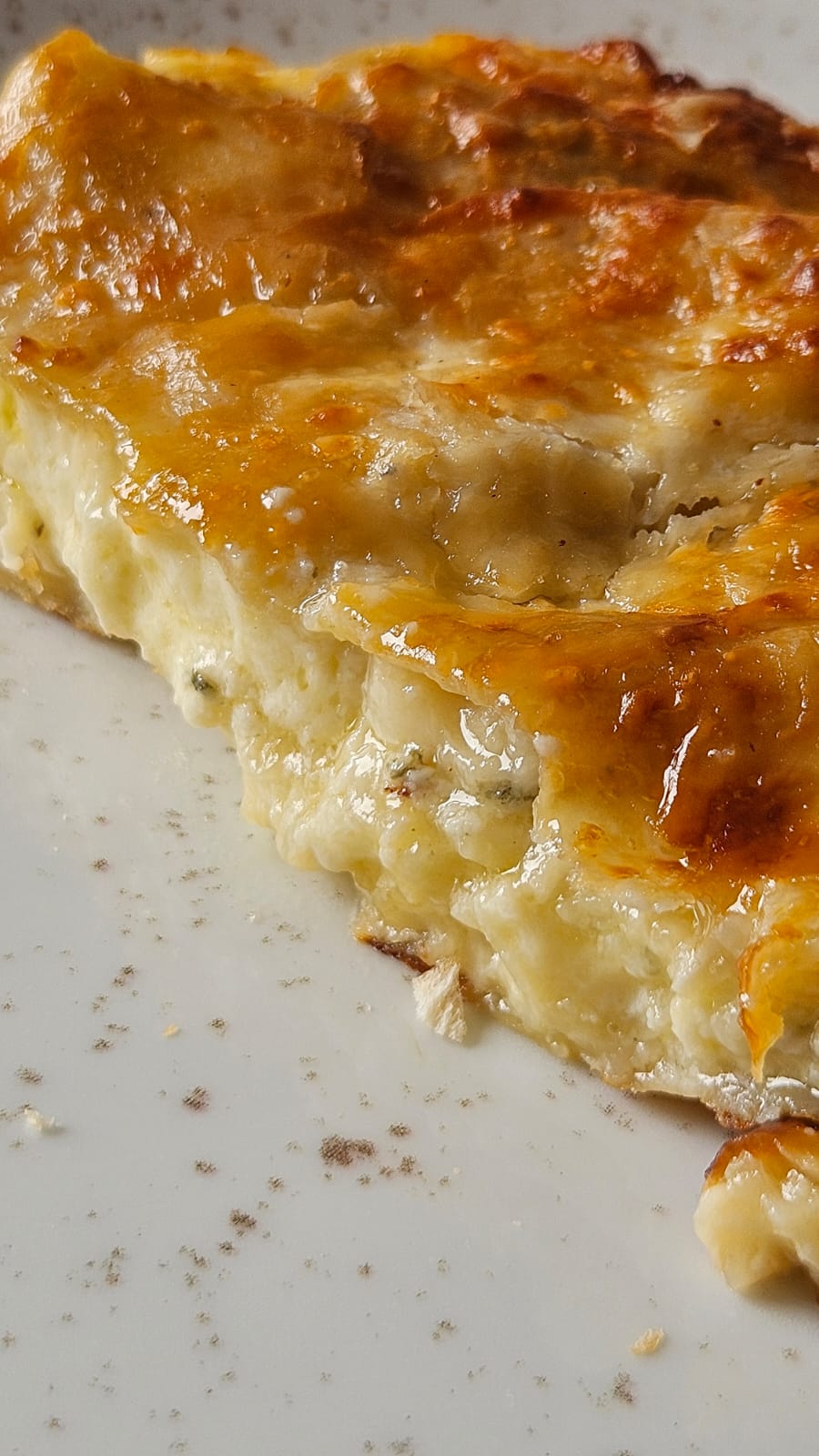 Close das camadas douradas de uma lasanha Santi Pasta gratinada